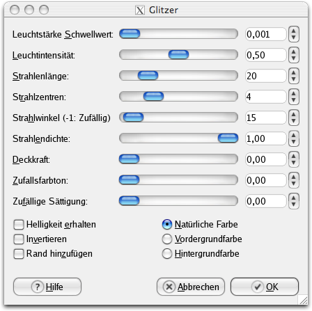 Eigenschaften für das Filter Glitzern